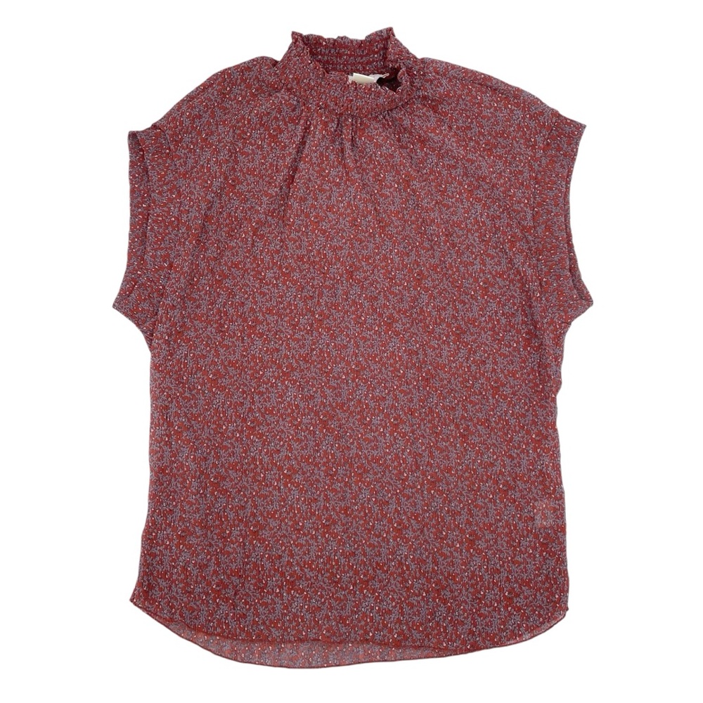 Monteau Short Sleeve Shirred High Neck Blouse Size Large Burnt Orange Crinkle